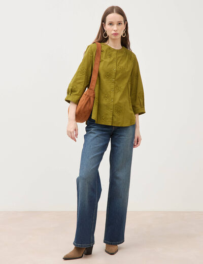 Chemise en coton manches 3/4 vert kaki femme