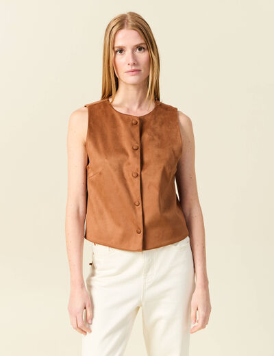 Gilet sans manches doublé camel femme