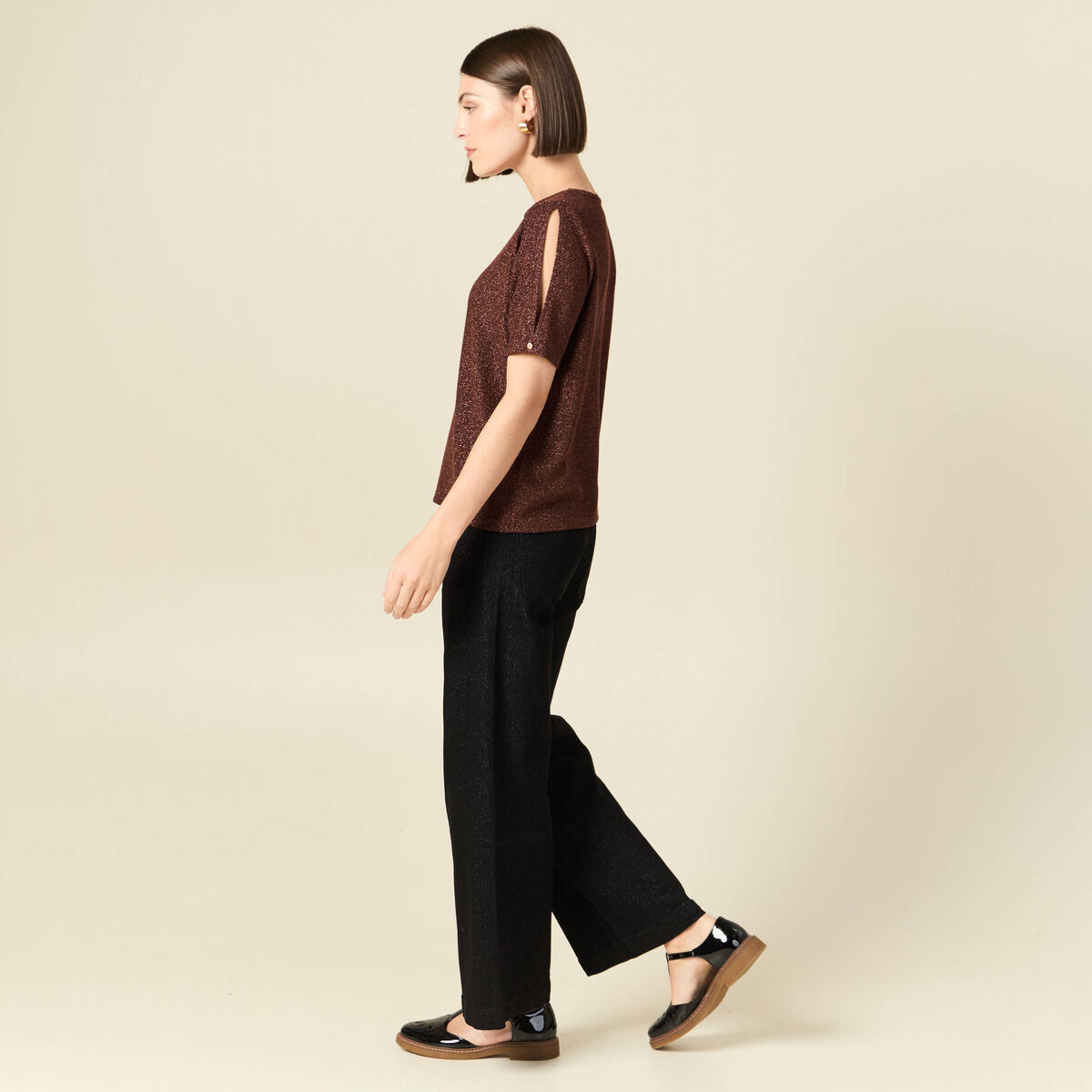 T-shirt manches courtes brillant marron femme