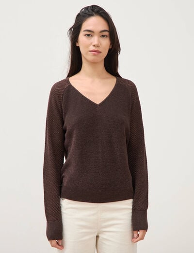 Pull droit col v manches longues marron femme