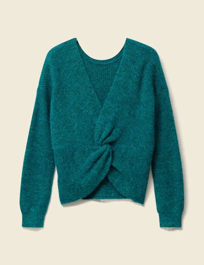 Pull r&eacute;versible manches longues col rond vert femme