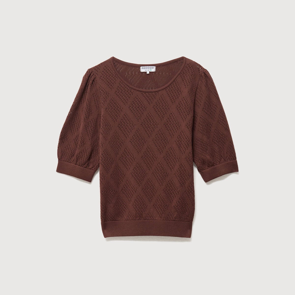 Pull ajour&eacute; droit court manches courtes marron fonc&eacute; femme