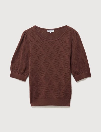 Pull ajour&eacute; droit court manches courtes marron fonc&eacute; femme