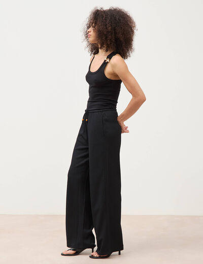 Pantalon large taille haute ceinture noir femme