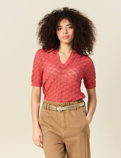 Pull manches courtes ajouré rouge femme