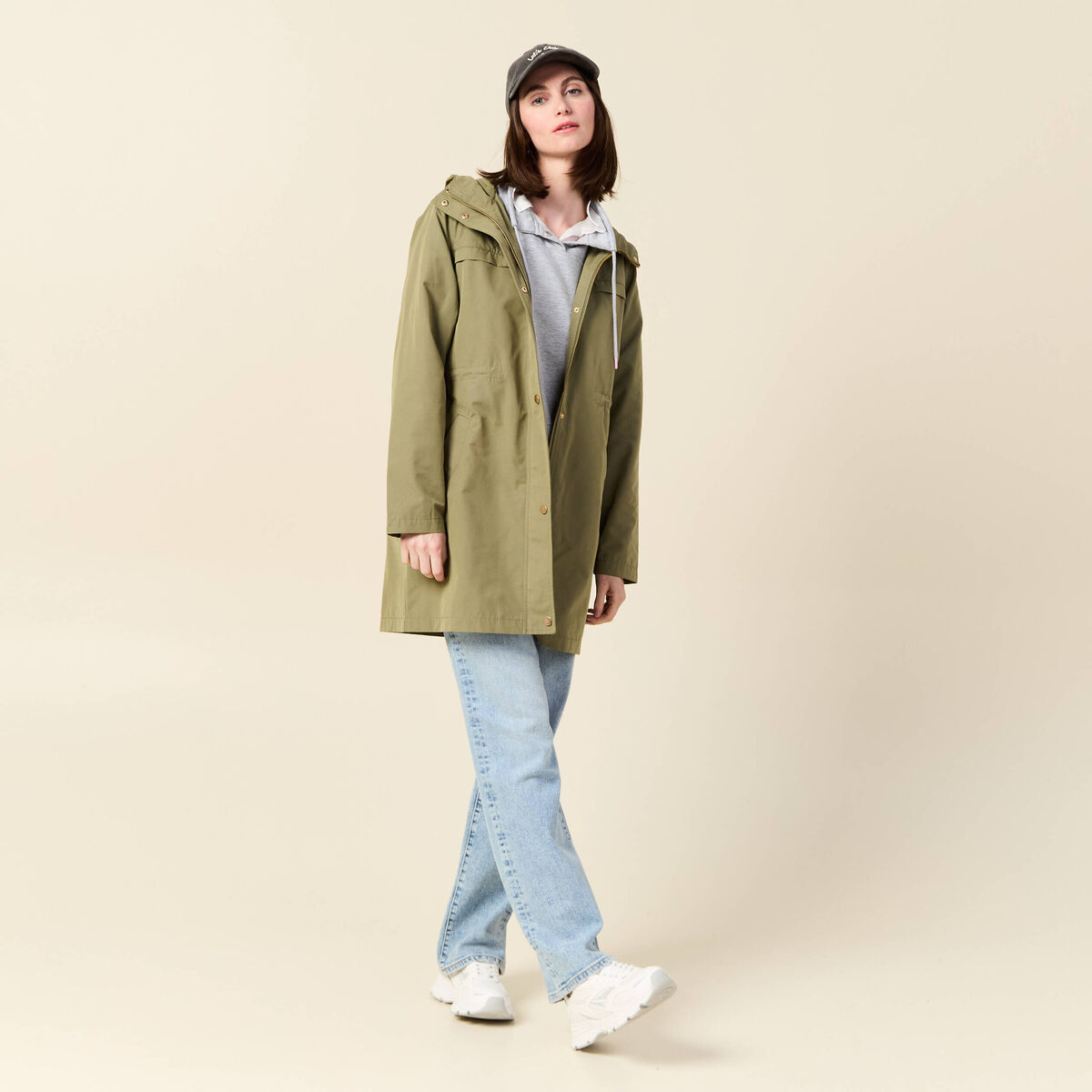 Parka longue à capuche vert kaki femme