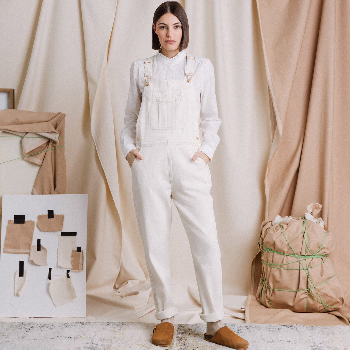 Salopette droite en jean denim blanc femme