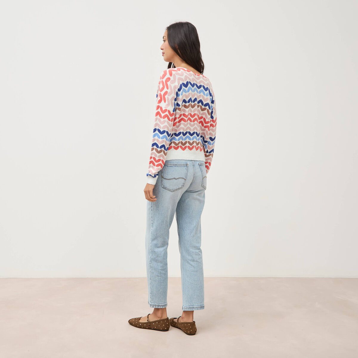Pull droit col v manches longues multicolore femme