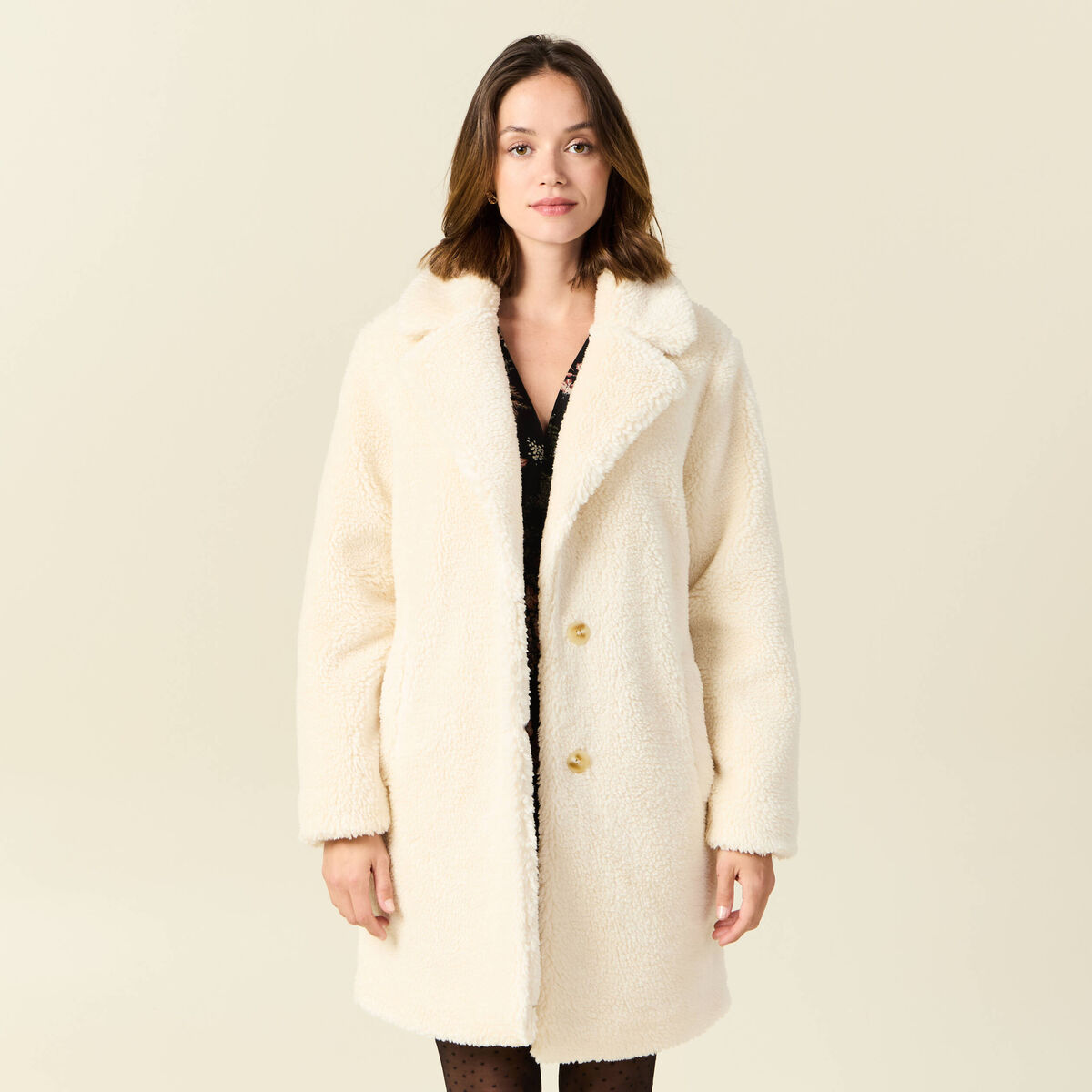 Manteau long laine mouton creme femme
