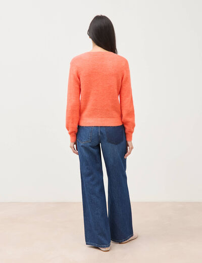 Pull droit col v manches longues rose corail femme