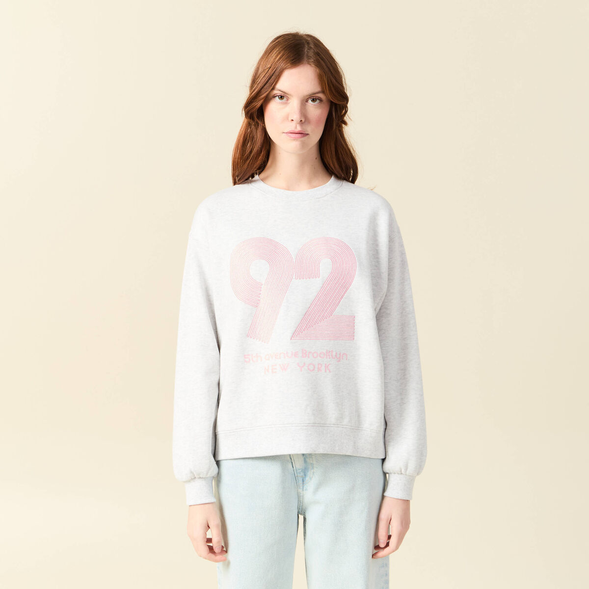 Sweat droit court manches longues gris femme