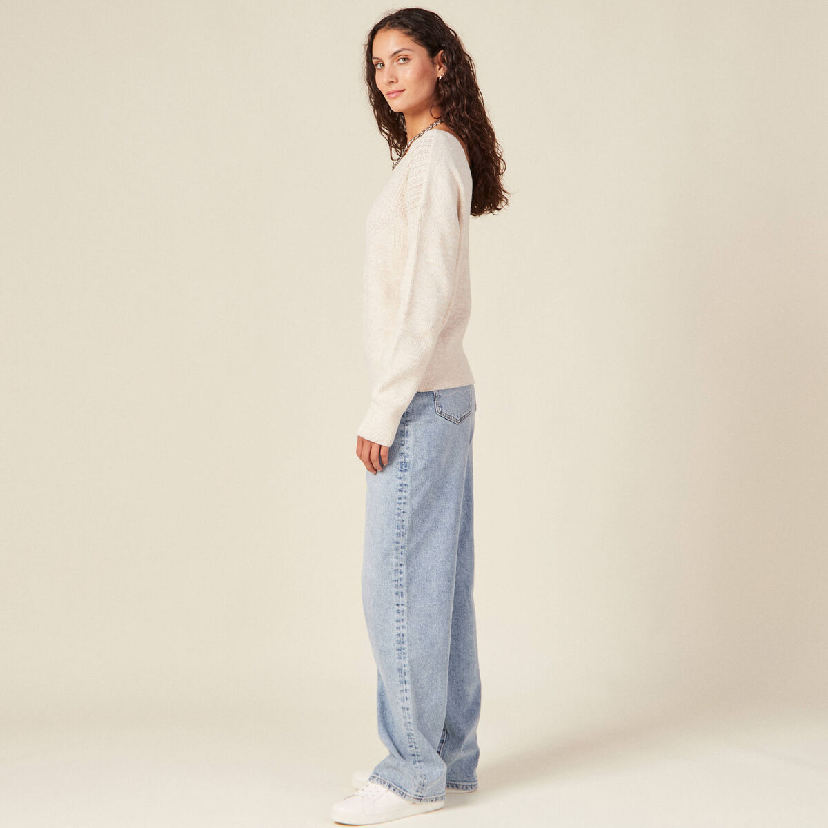 Pull manches longues creme femme