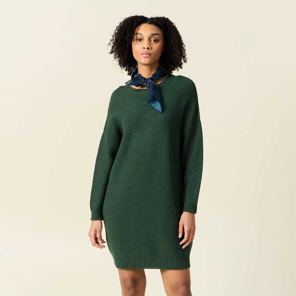 Robe pull droite col bateau vert foncé femme