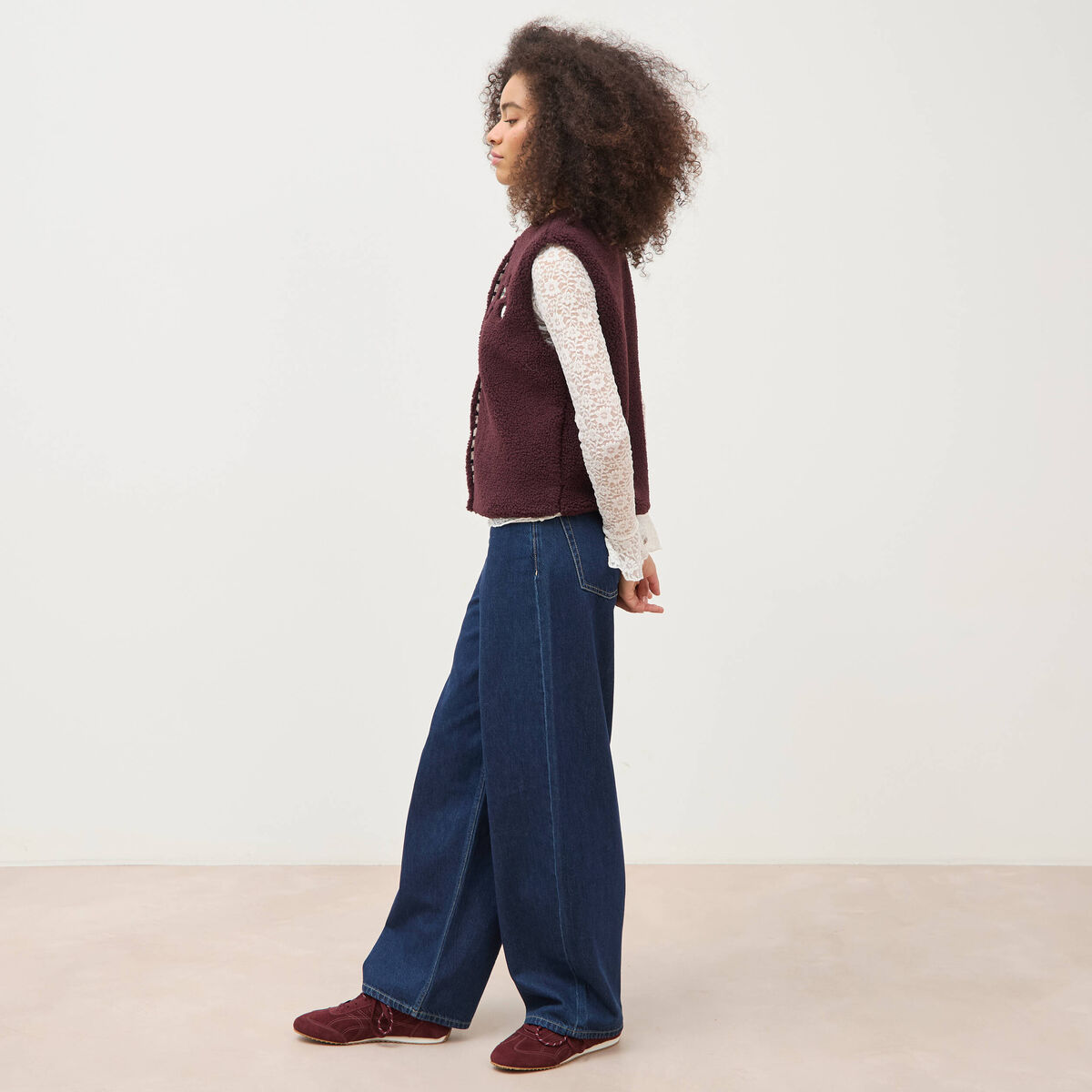 Cardigan droit sans manches doubl&eacute; bordeaux femme