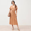 Robe fluide col v manches courtes marron clair femme