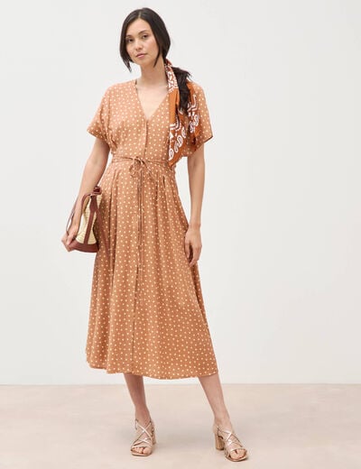 Robe fluide col v manches courtes marron clair femme