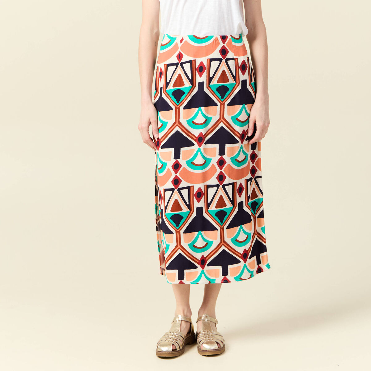 Jupe longue droite fendue orange femme