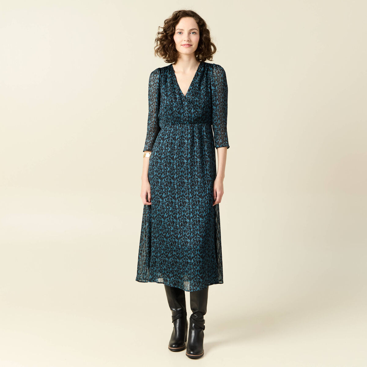 Robe longue évasée manches 3/4 bleu canard femme