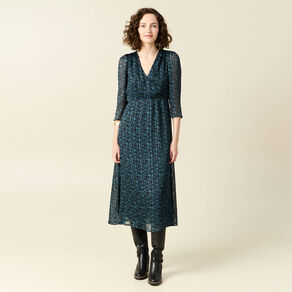 Robe longue évasée manches 3/4 bleu canard femme