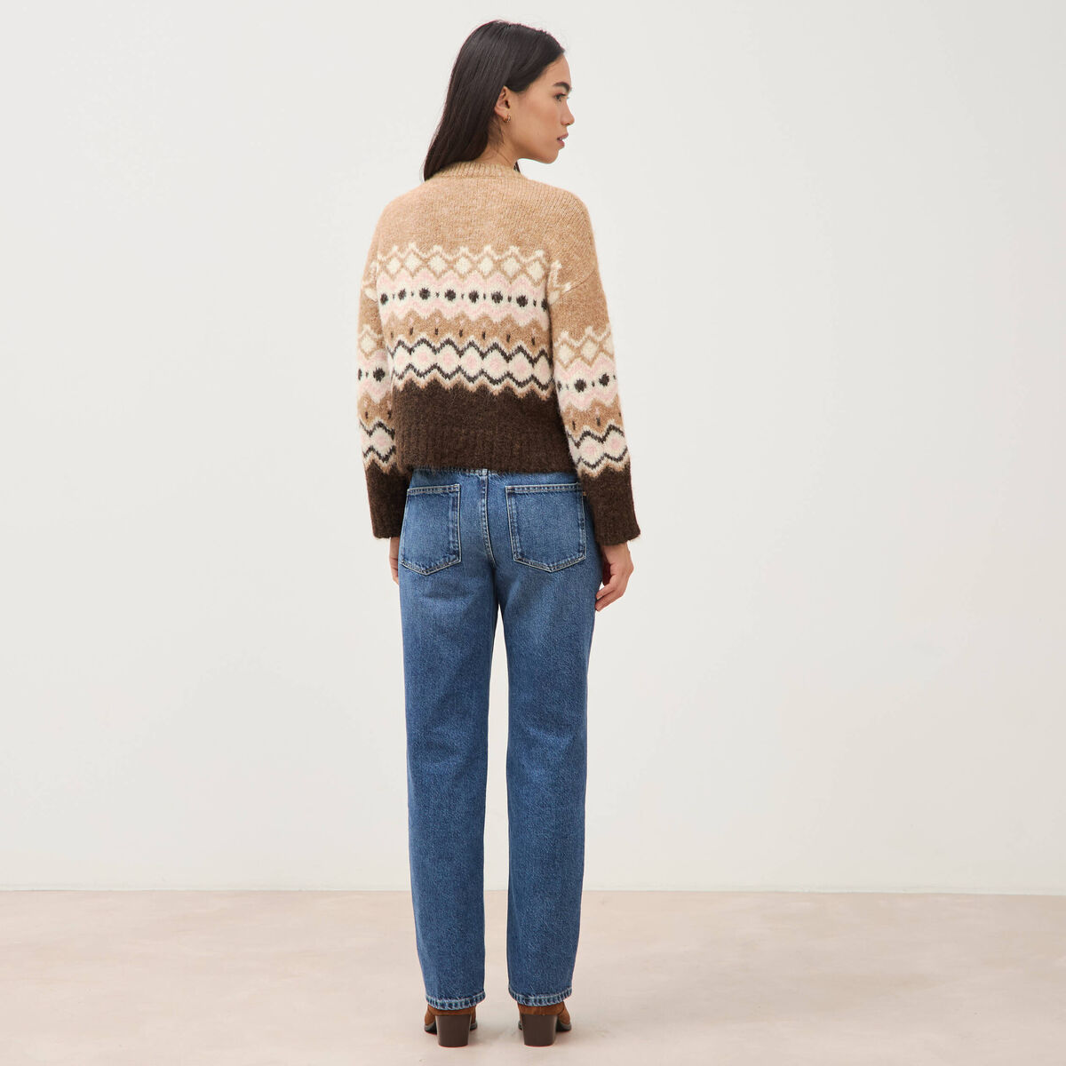 Pull droit col rond manches longues marron femme
