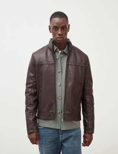 Blouson cintr&eacute; similicuir col montant marron fonc&eacute; homme