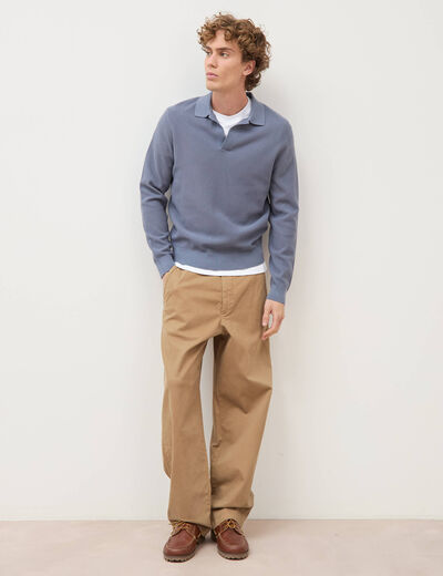 Pull droit col polo manches longues bleu gris homme