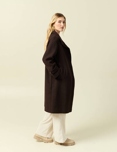 Manteau droit long col montant marron fonc&eacute; femme