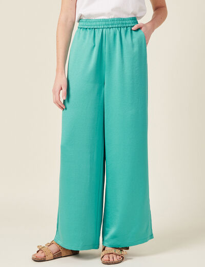Pantalon large fluide satin bleu turquoise femme
