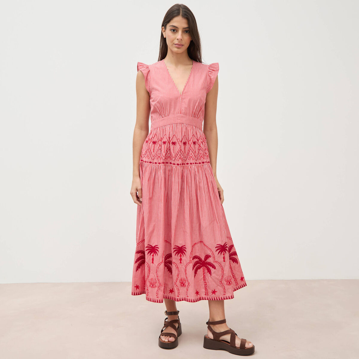 Robe col v manches volantes en coton rouge femme