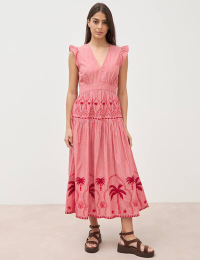 Robe col v manches volantes en coton rouge femme