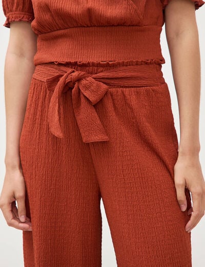 Blouse cropped manches courtes marron cognac femme