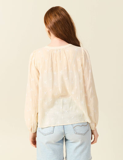 Blouse manches longues brodée creme femme