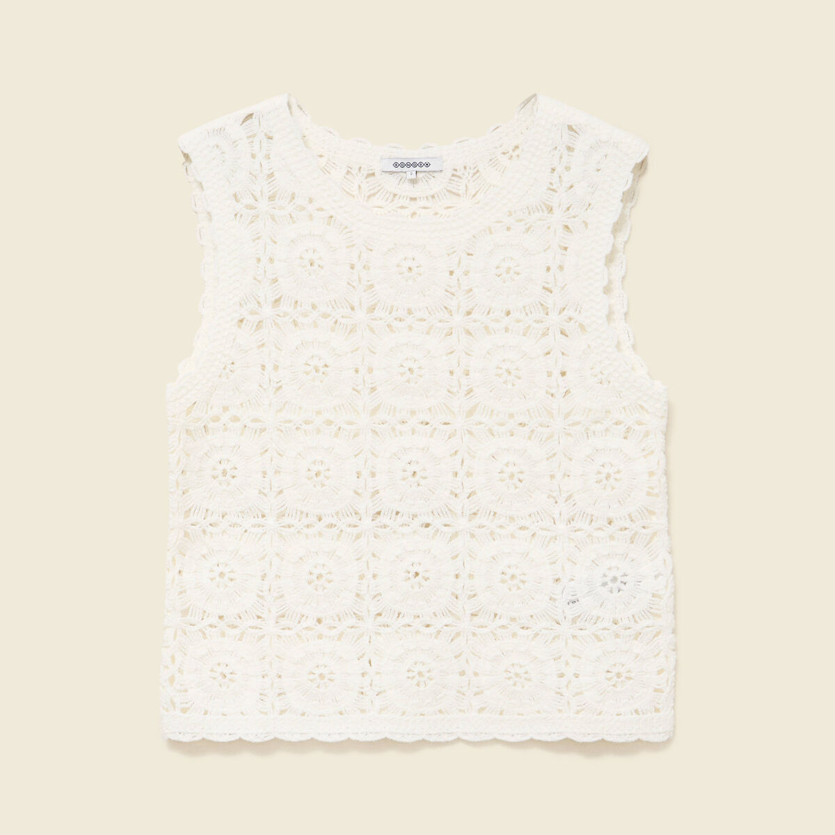 D&eacute;bardeur crochet col rond sans manches ecru femme