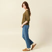 Pull ajour&eacute; col v manches 3/4 vert olive femme