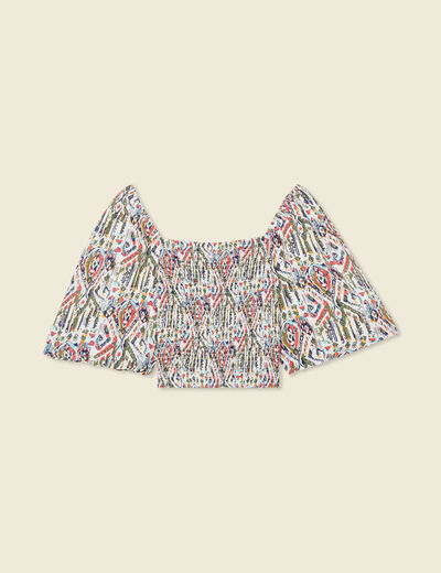 Blouse manches courtes smockée multicolore femme