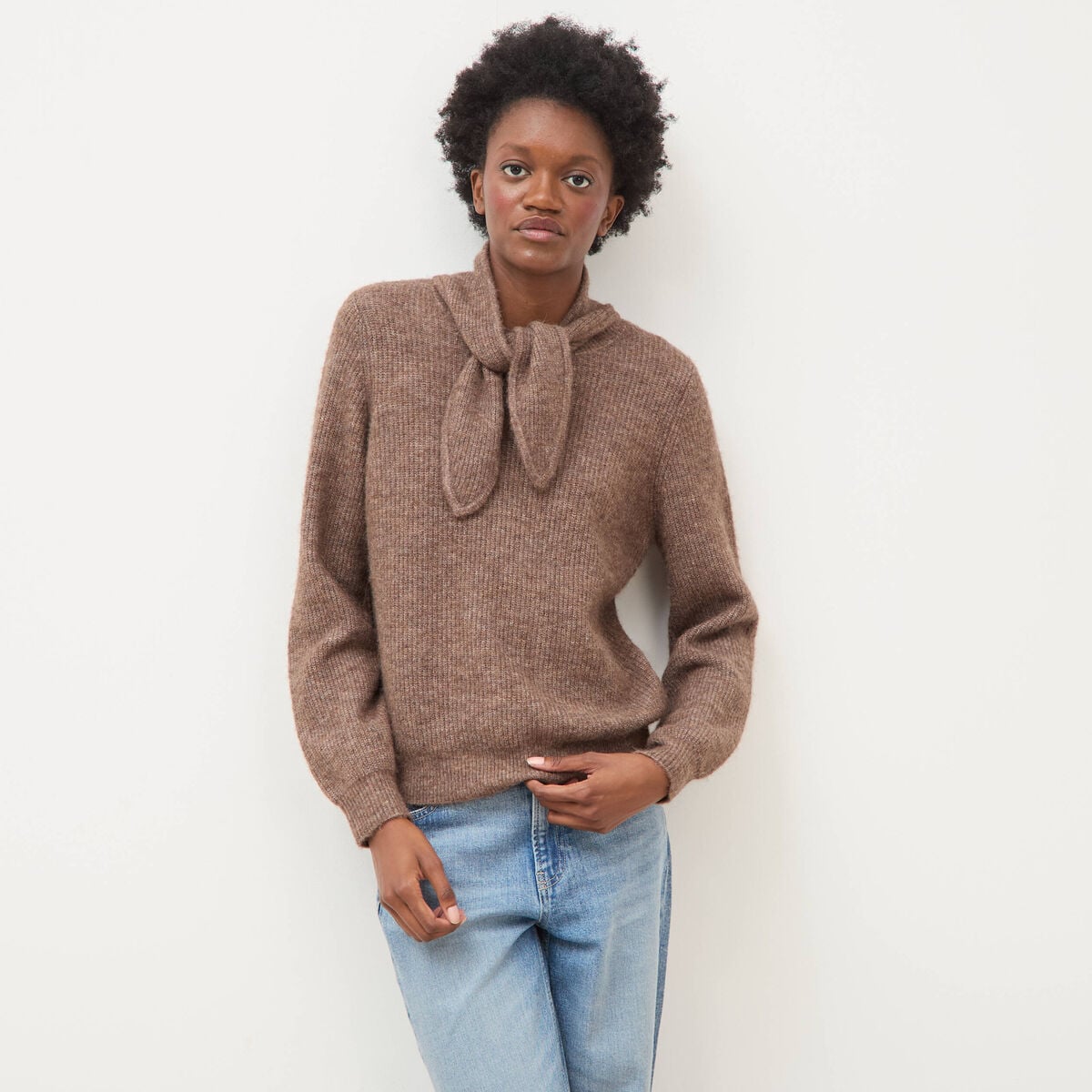 Pull droit col rond manches longues marron femme