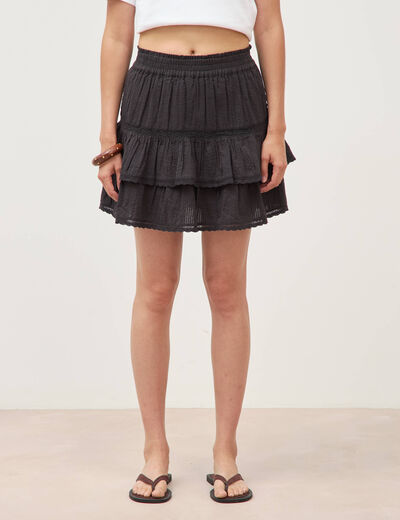 Mini-jupe fluide en coton doubl&eacute;e noir femme