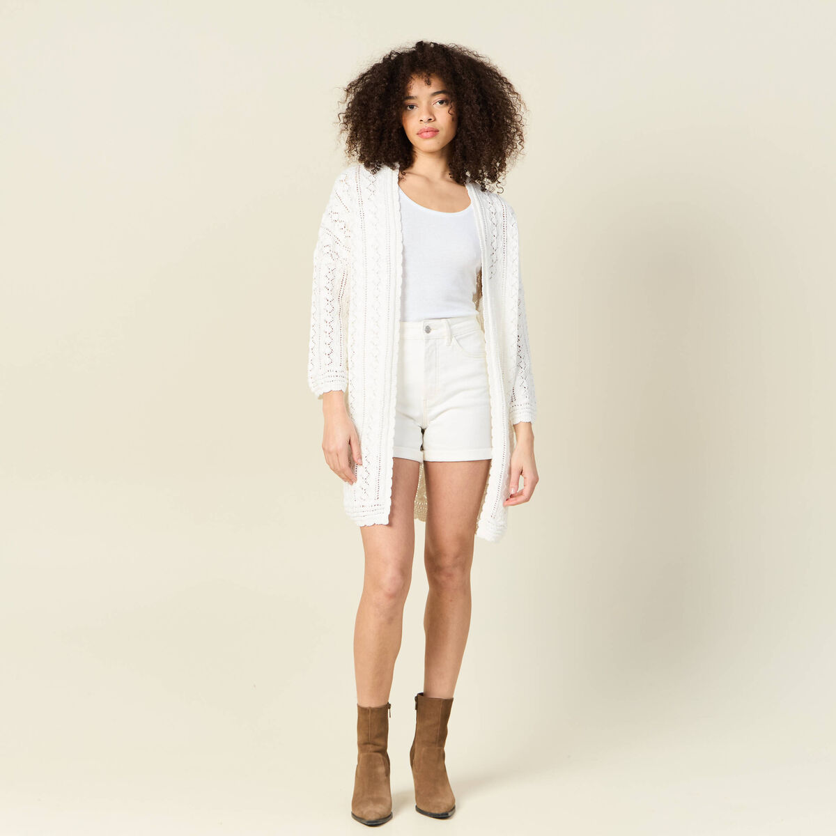 Gilet long ajour&eacute; ecru femme