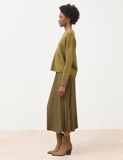 Pull droit col v manches longues vert kaki femme