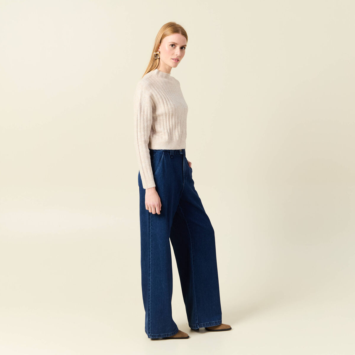 Pull manches longues cropped creme femme