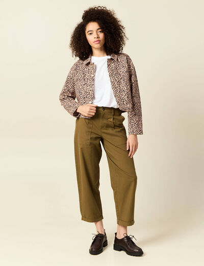 Jeans barrel taille haute 7/8&egrave;me vert kaki femme
