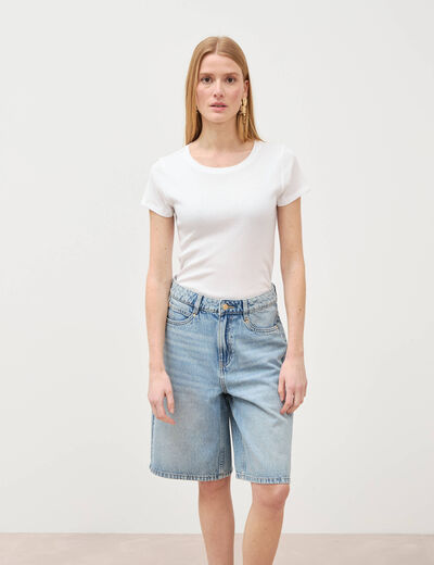 Bermuda large taille haute en coton denim used femme