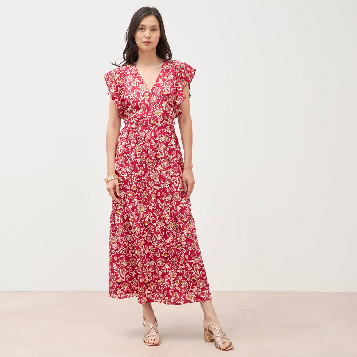 Robe fluide col v manches courtes rouge cerise femme