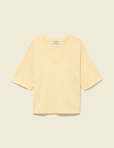 T-shirt col v manches courtes en coton jaune clair femme