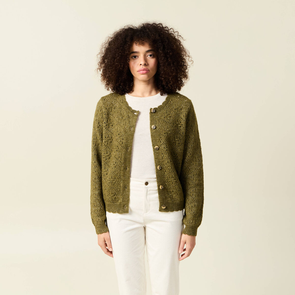Gilet manches longues col rond vert kaki femme