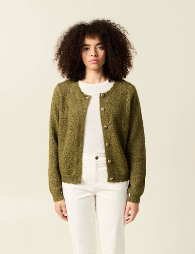 Gilet manches longues col rond vert kaki femme
