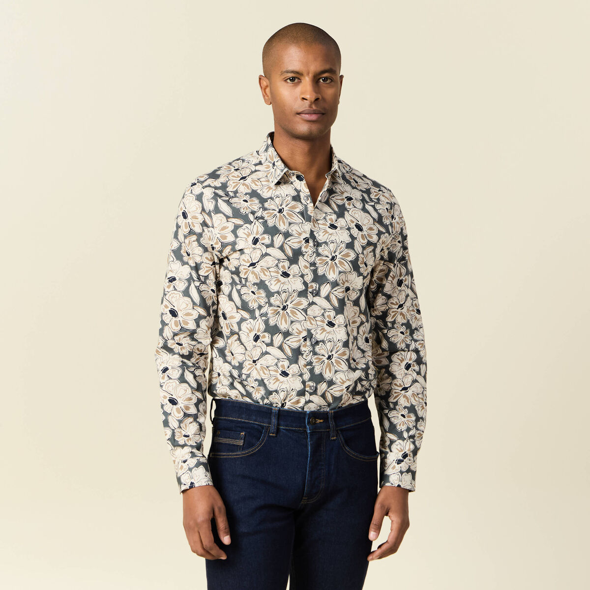 Chemise en coton manches longues beige homme