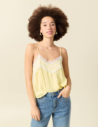 D&eacute;bardeur bretelles col v fluide jaune pastel femme