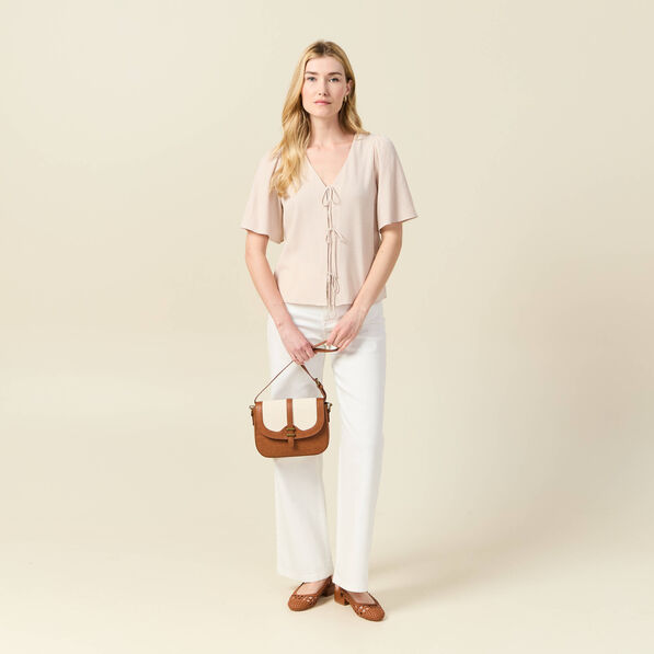 blouse manches courtes nouee marron clair femme Blouse manches courtes nouée marron clair femme