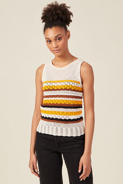 Pull sans manches crochet creme femme